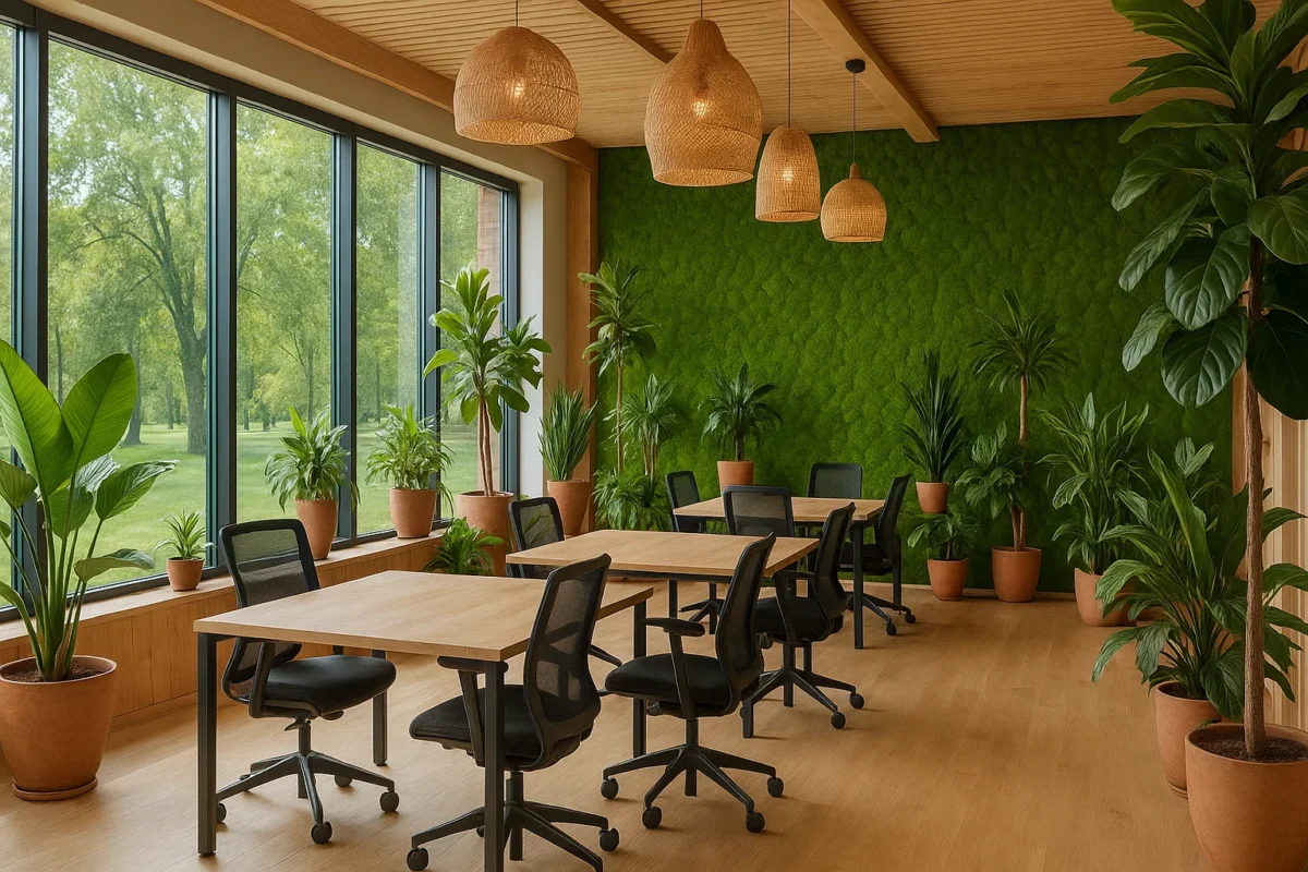 Nowoczesne biuro w stylu biophilic z dużymi oknami, zieloną ścianą z mchu i roślinnością, inspirowane naturą.